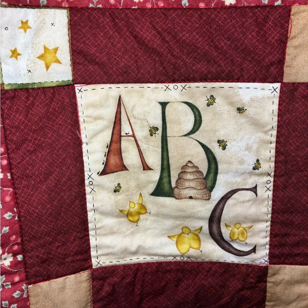 Alphabet Patchwork Quilt Handmade Stitched Floral Back Moody Cozy 34” X 33.5”